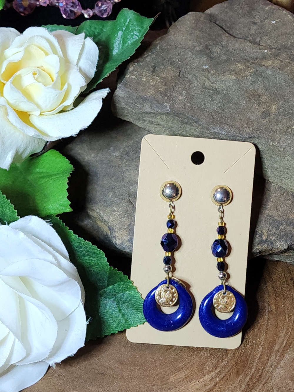 Blue Dangle Hoop Earrings with Gold Tone Coin Accents